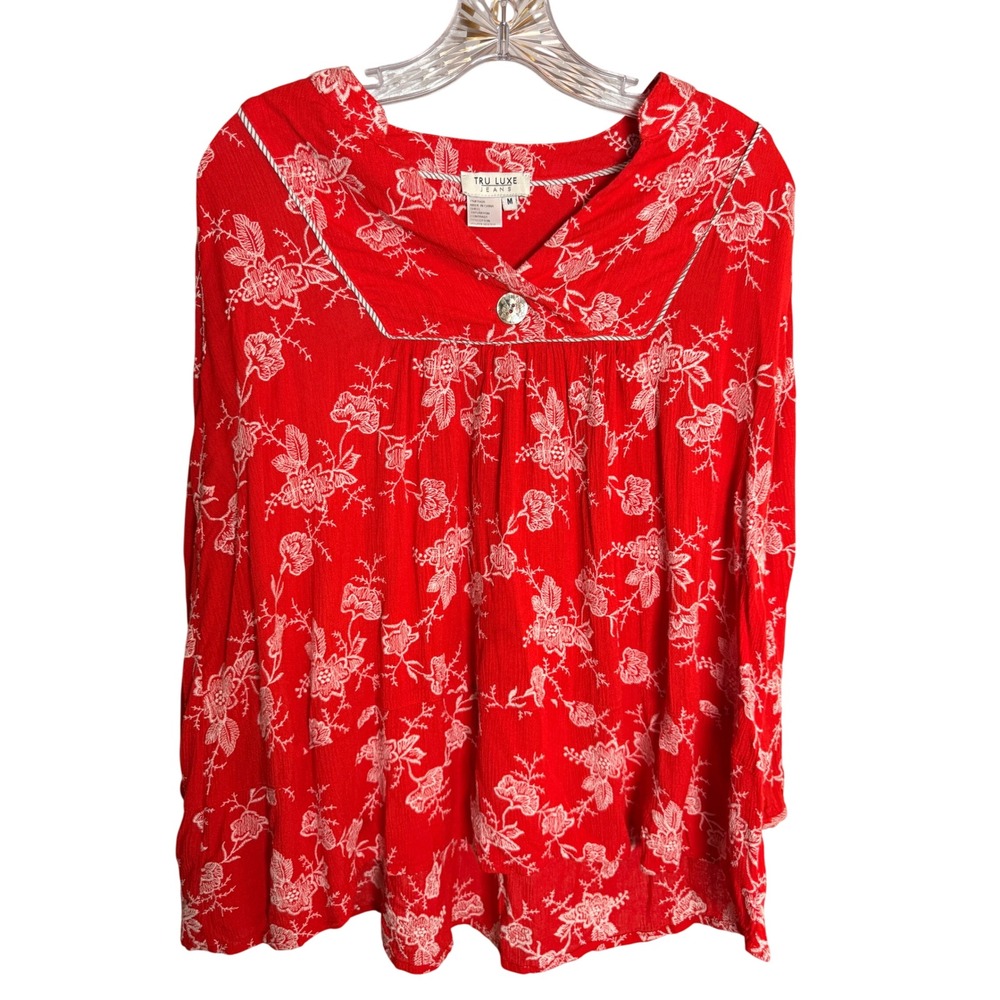 Tru Luxe Jeans Embroidered Boho Top Womens Size M Red Rayon Floral